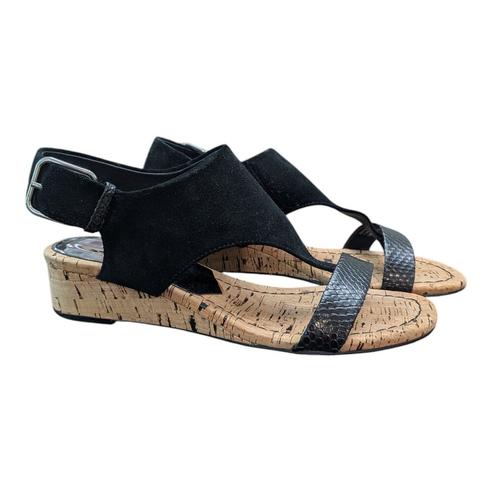 Donald Pliner Women's Black Suede Cork Wedge Sandals T-Strap Slingback 7.5 M